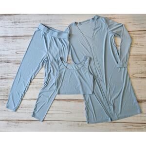 Shein 3 piece blue lounge set, pants, crop top and duster sz L